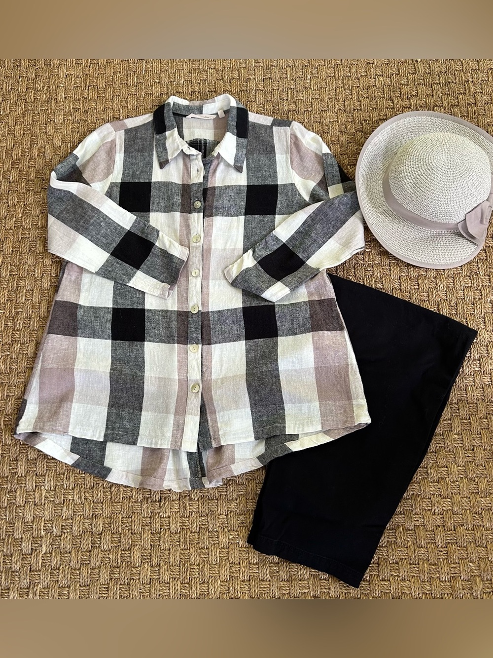 Soft Surroundings Carreaux Linen Blend Tunic/Top Classic Neutral Plaid Medium
